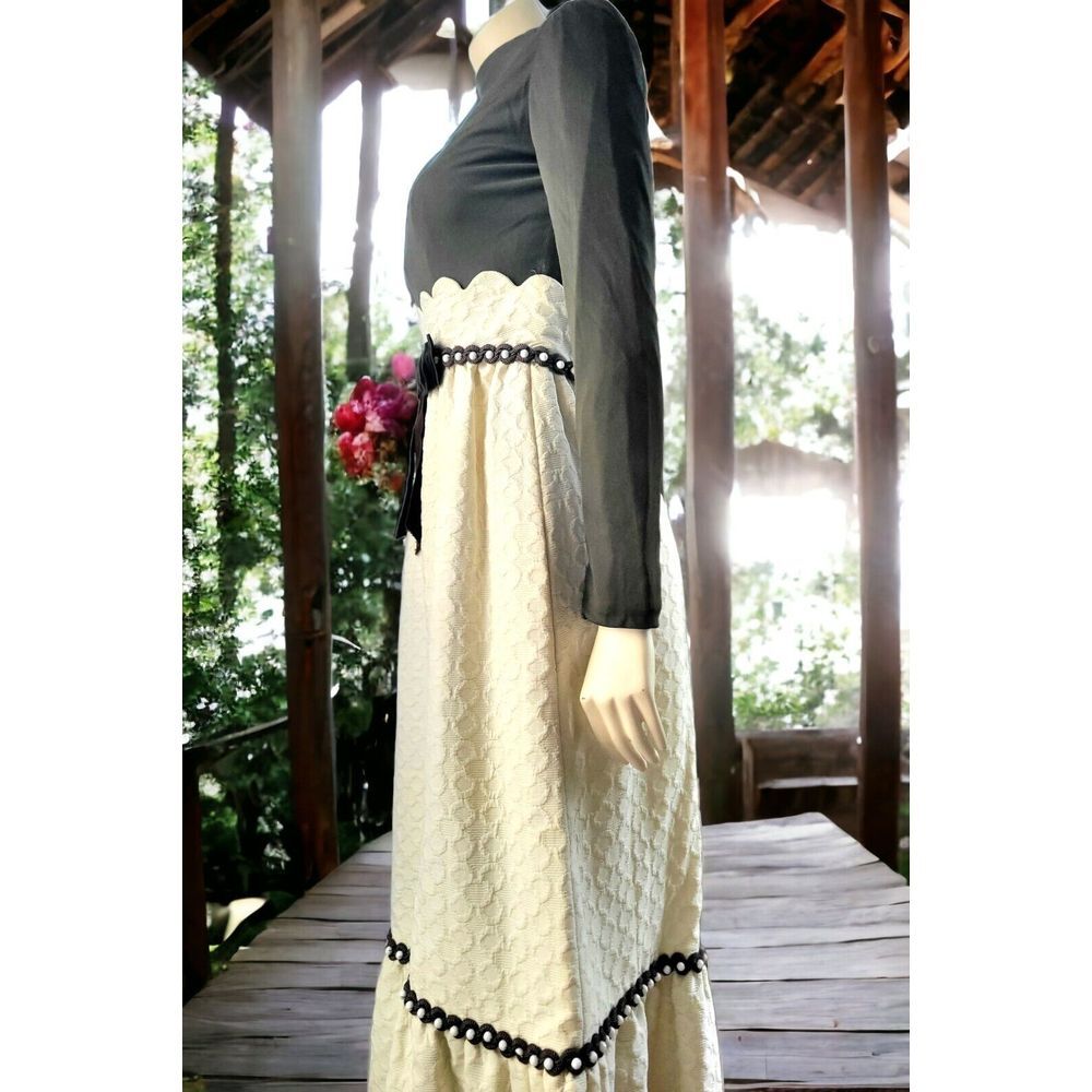 Vintage Kiki Hart 60's Maxi Dress Textured With Braid Trim And Brown Top With... - Picture 10 of 16